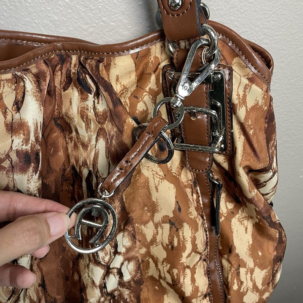 Etienne Aigner Double Handle Purse Hand Bag Snake Print Brown Magnet Close Flaws - Picture 3 of 14
